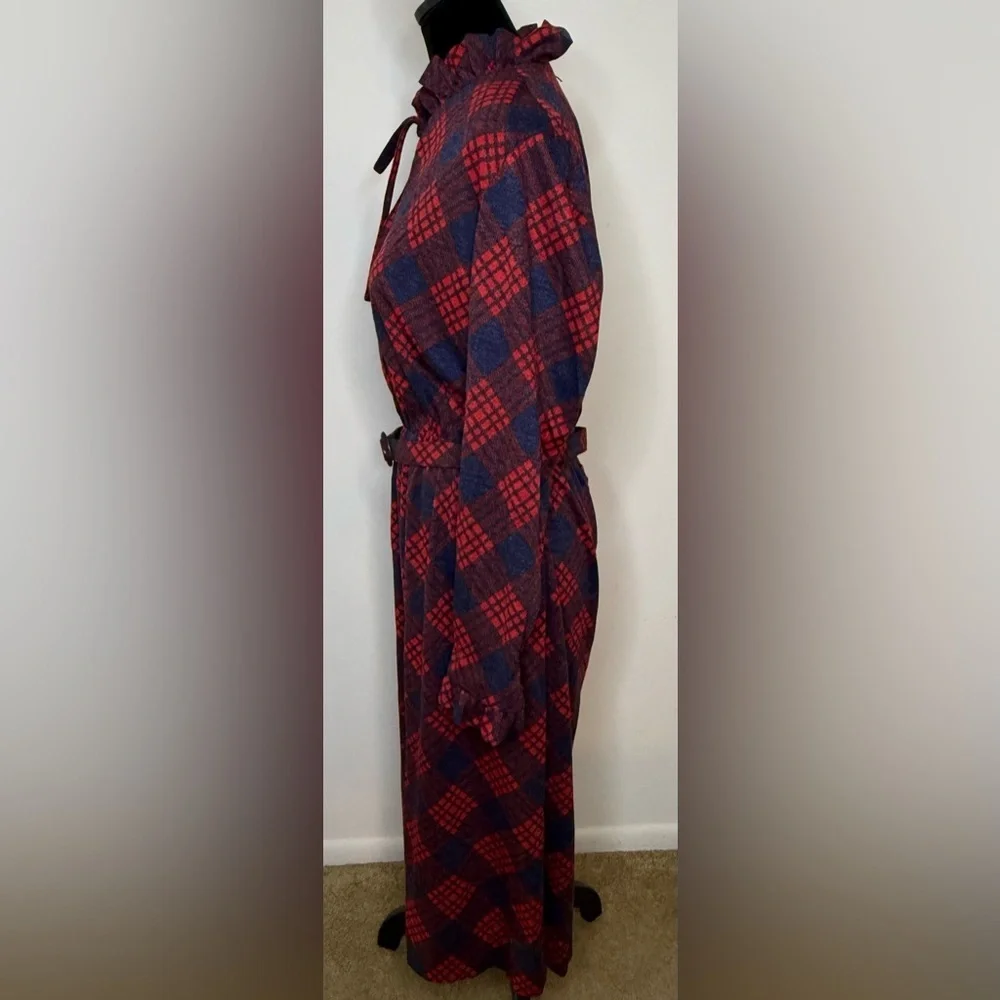 Vintage 70’s Red & Blue tartan plaid long sleeve midi dress belt, pockets 14 - Picture 5 of 9